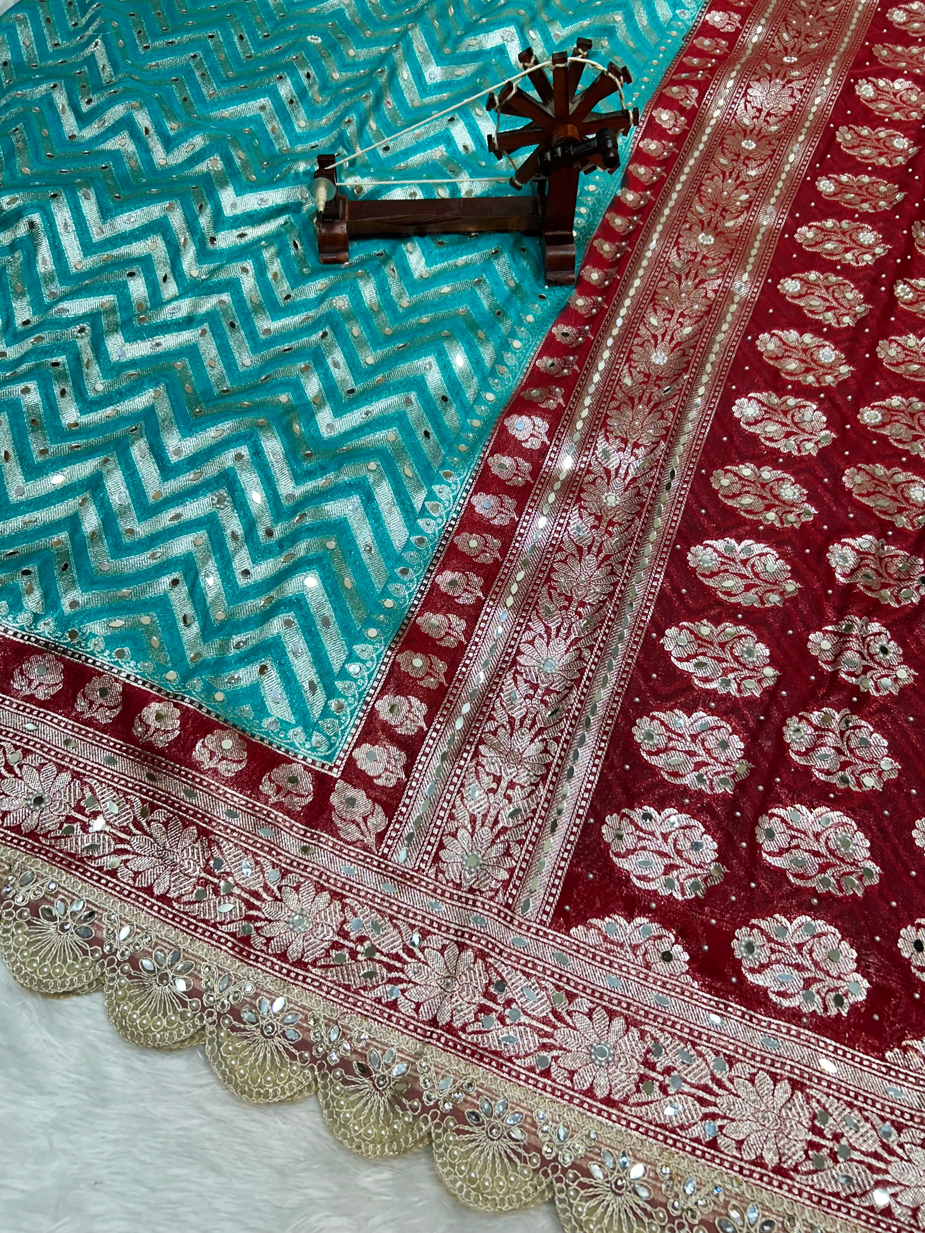 Banarasi Handloom Georgette Silk Saree with Designer Mirror work & Scallop Lace Border