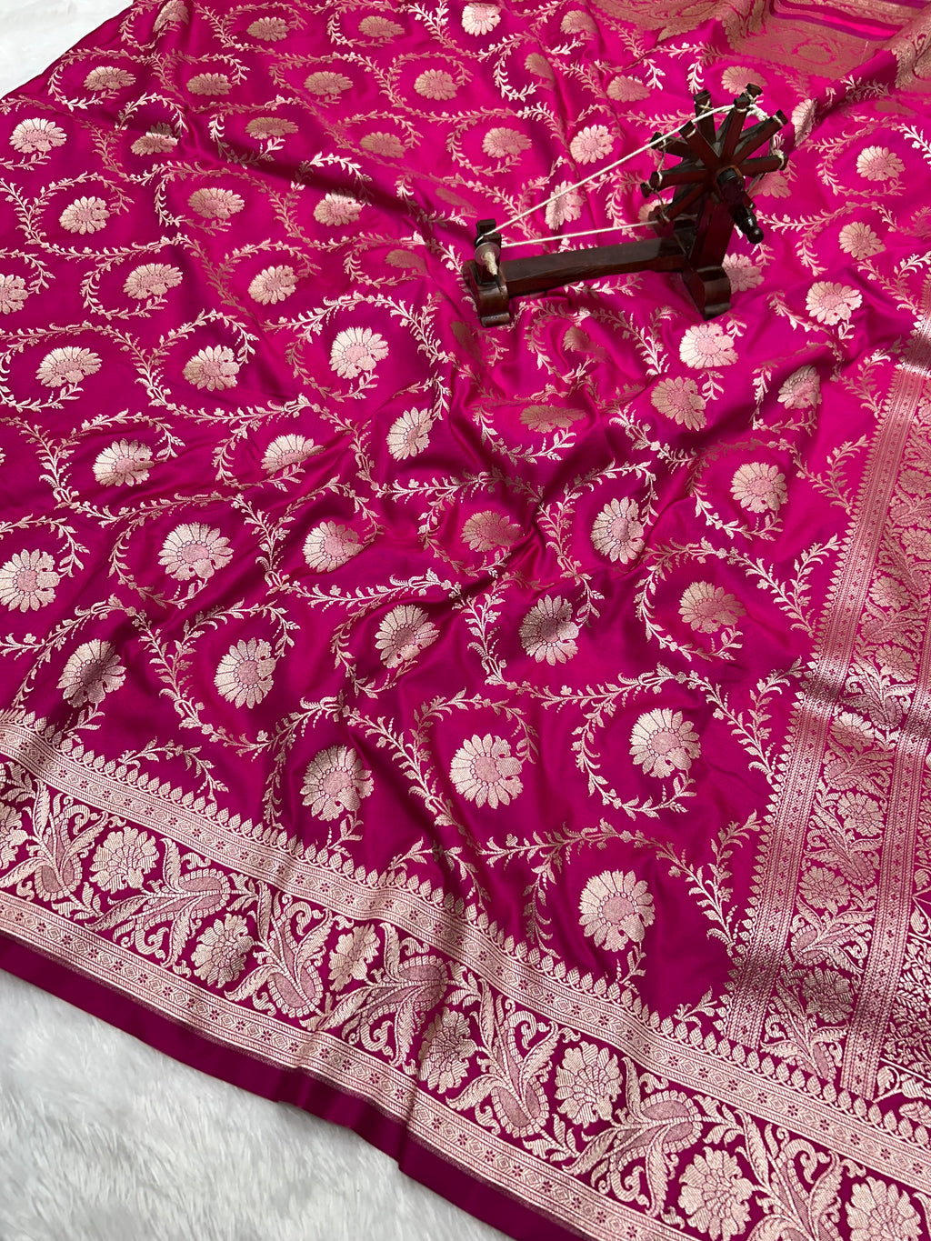 Banarasi Handloom Katan Mashru Traditional Jaal Weaving Rani pink saree