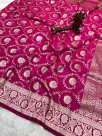 Banarasi Handloom Katan Mashru Traditional Jaal Weaving Rani pink saree