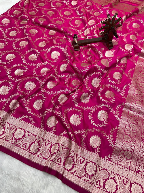 Banarasi Handloom Katan Mashru Traditional Jaal Weaving Rani pink saree