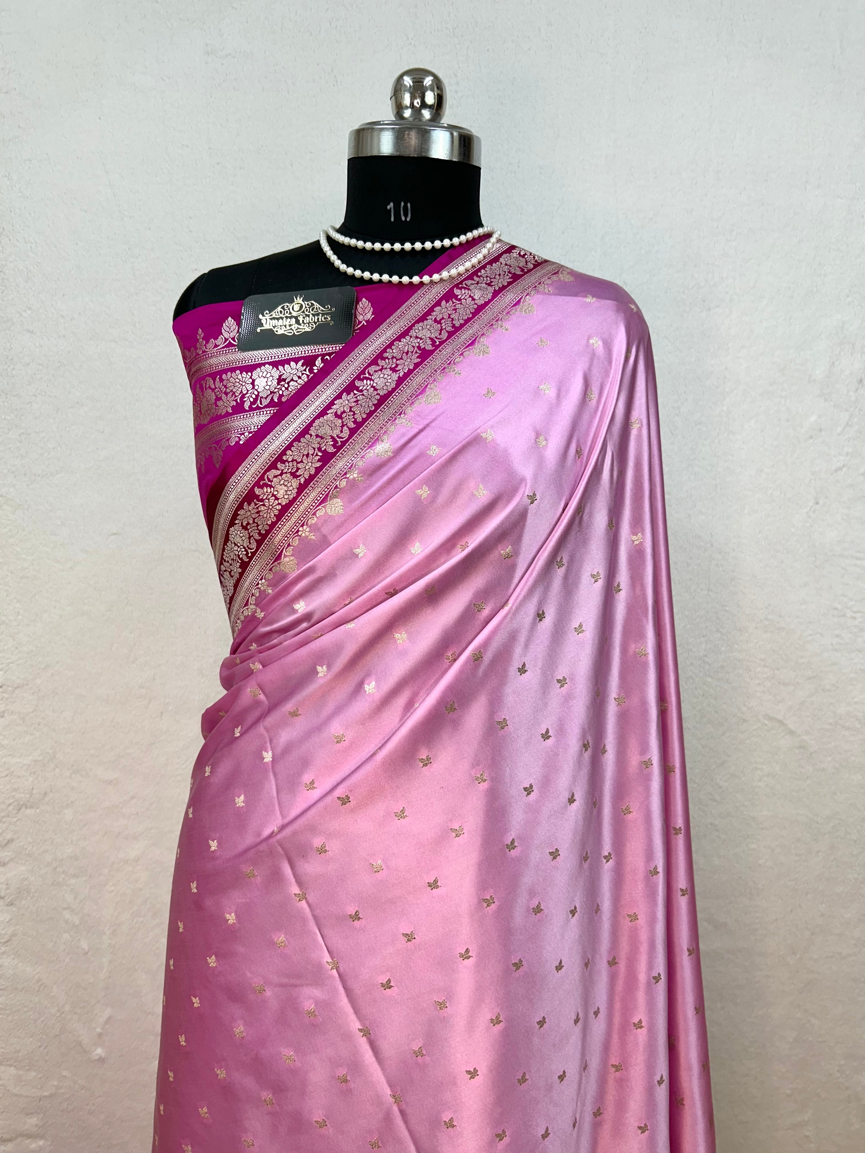 Banarasi Handloom Katan Mashru Traditional Buti Weaving Pink & Hot Pink Contrast Saree