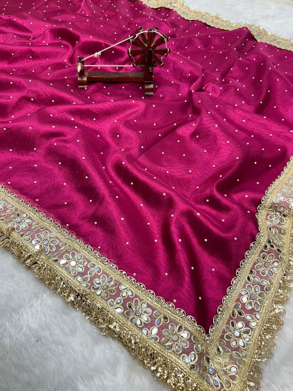 Banarasi Soft Rani Tissue Saree With Moti Work & Designer Mirror lace Border