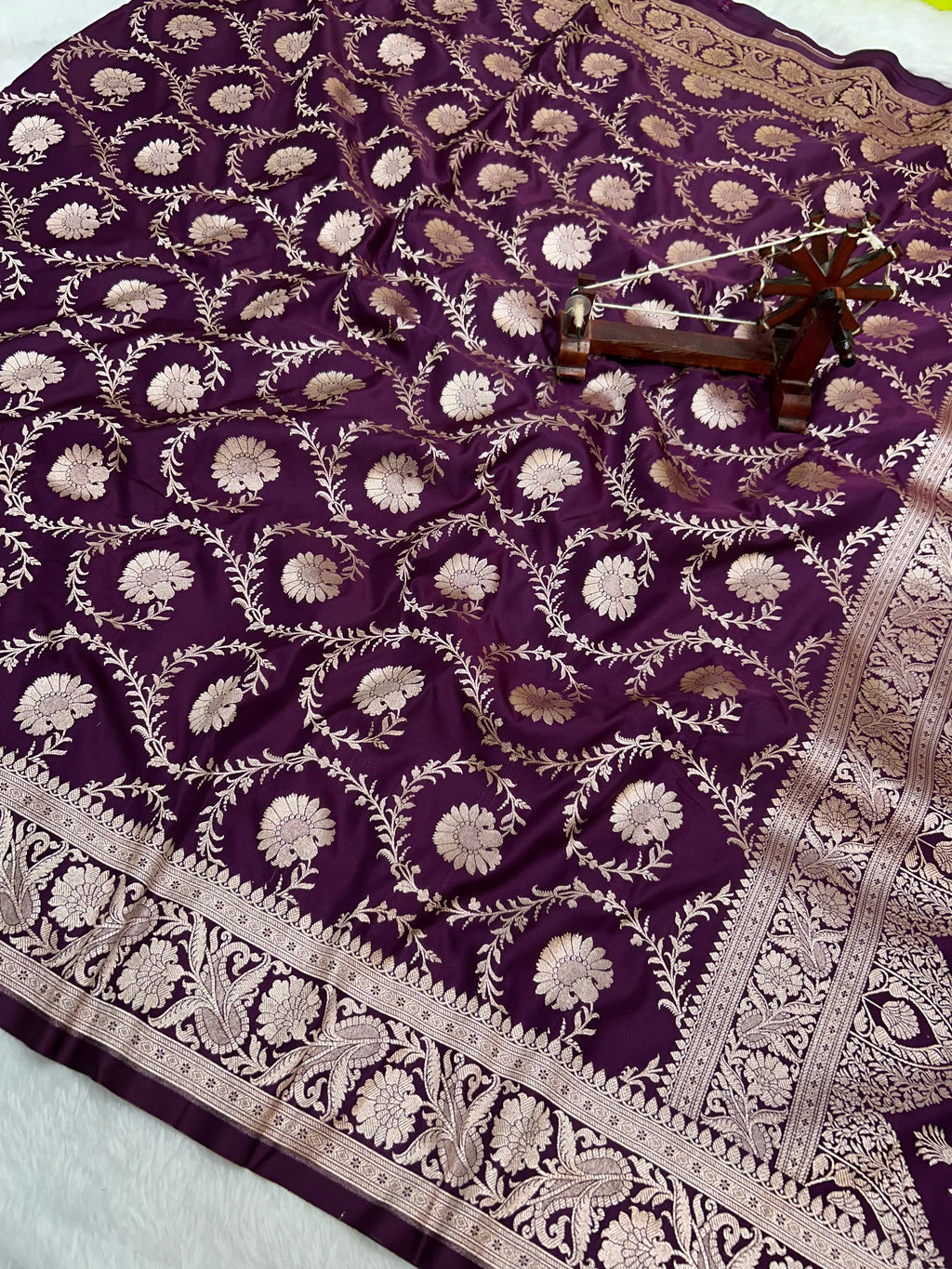 Banarasi Handloom Katan Mashru Traditional Jaal Weaving Magenta Wine Silk Saree