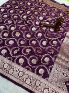 Banarasi Handloom Katan Mashru Traditional Jaal Weaving Magenta Wine Silk Saree