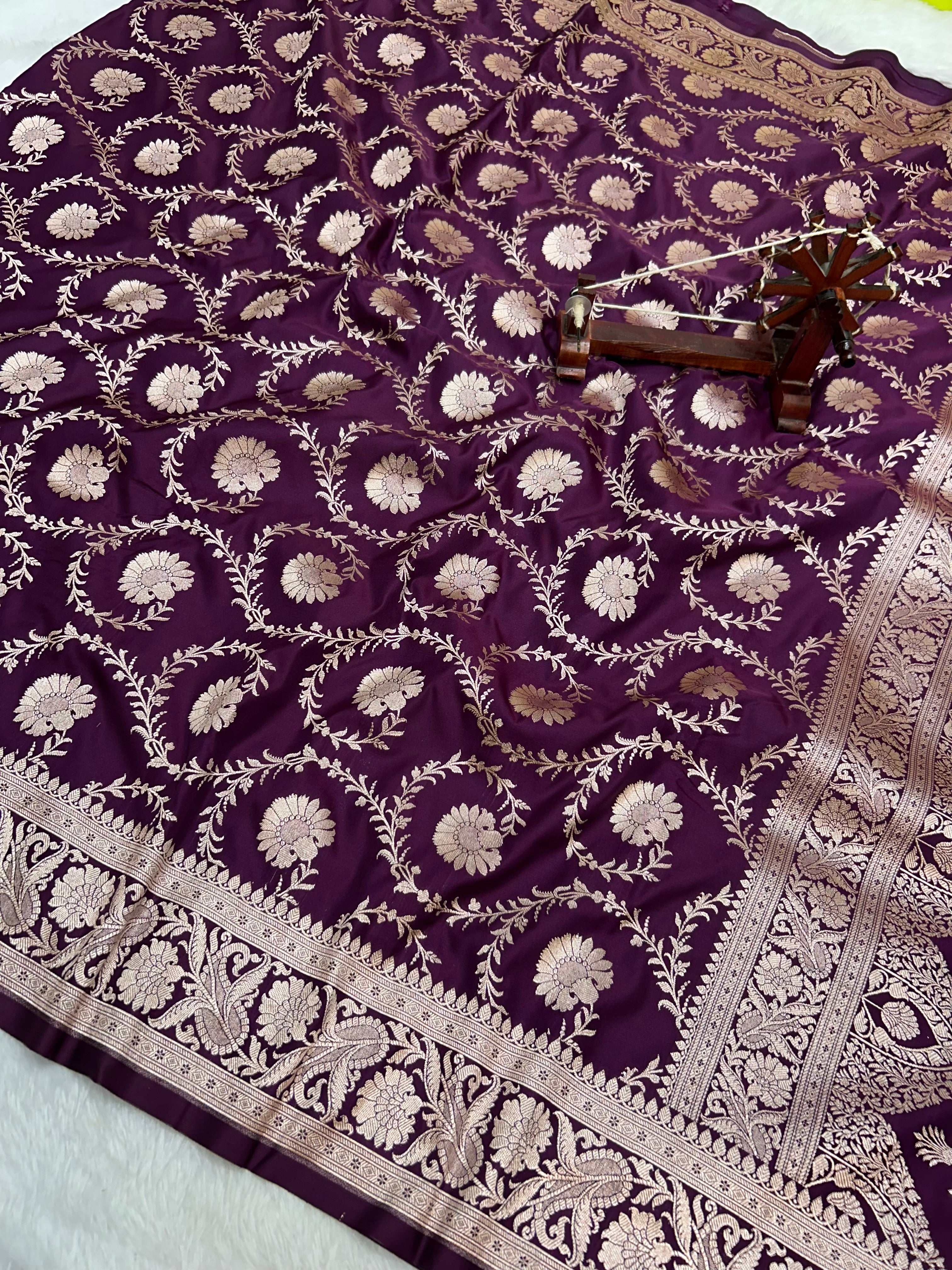 Banarasi Handloom Katan Mashru Traditional Jaal Weaving Magenta Wine Silk Saree
