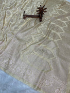 Banarasi Handloom Katan Mashru Traditional Jaal Weaving Beige Saree