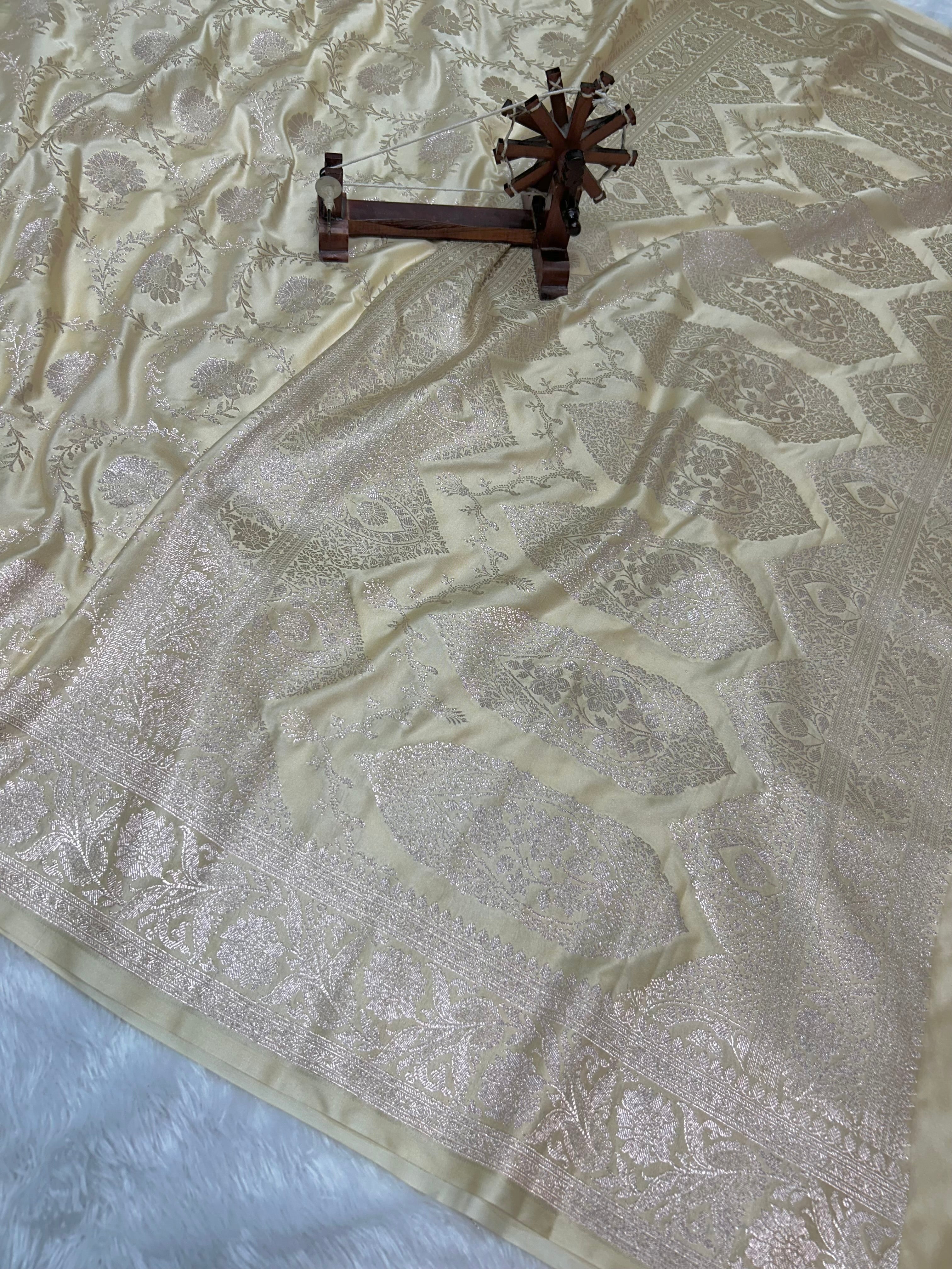 Banarasi Handloom Katan Mashru Traditional Jaal Weaving Beige Saree