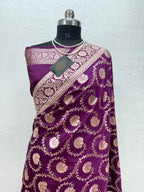 Banarasi Handloom Katan Mashru Traditional Jaal Weaving Magenta Wine Silk Saree