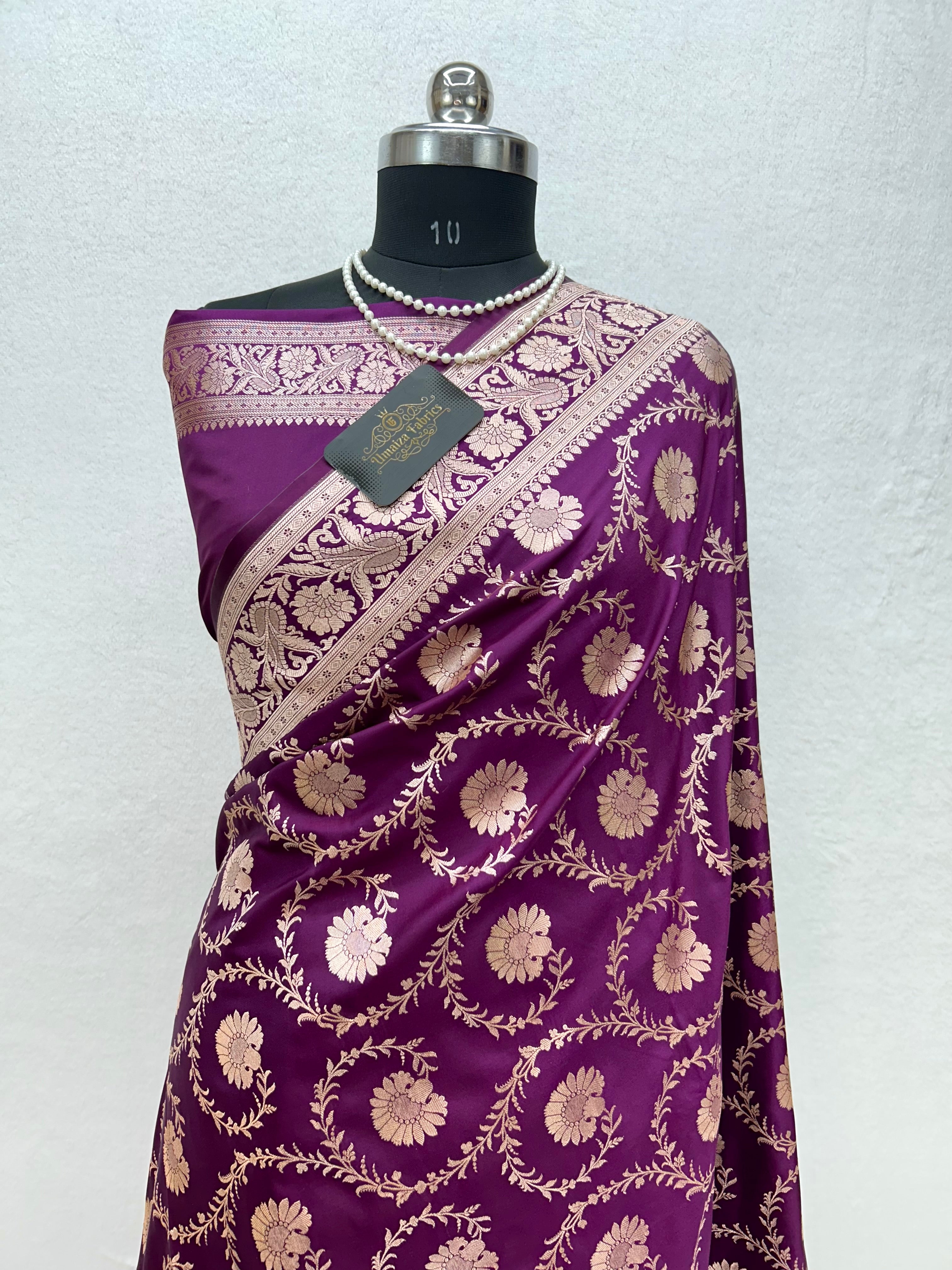 Banarasi Handloom Katan Mashru Traditional Jaal Weaving Magenta Wine Silk Saree