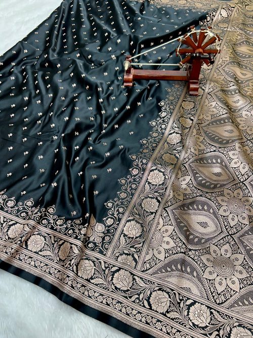 Banarasi Handloom Katan Mashru Silk Saree Luxury Black