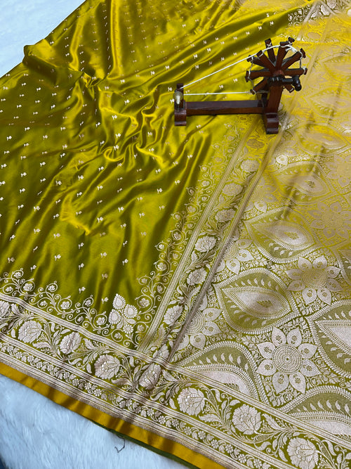 Banarasi Handloom Katan Mashru Silk Saree Meheadi Green