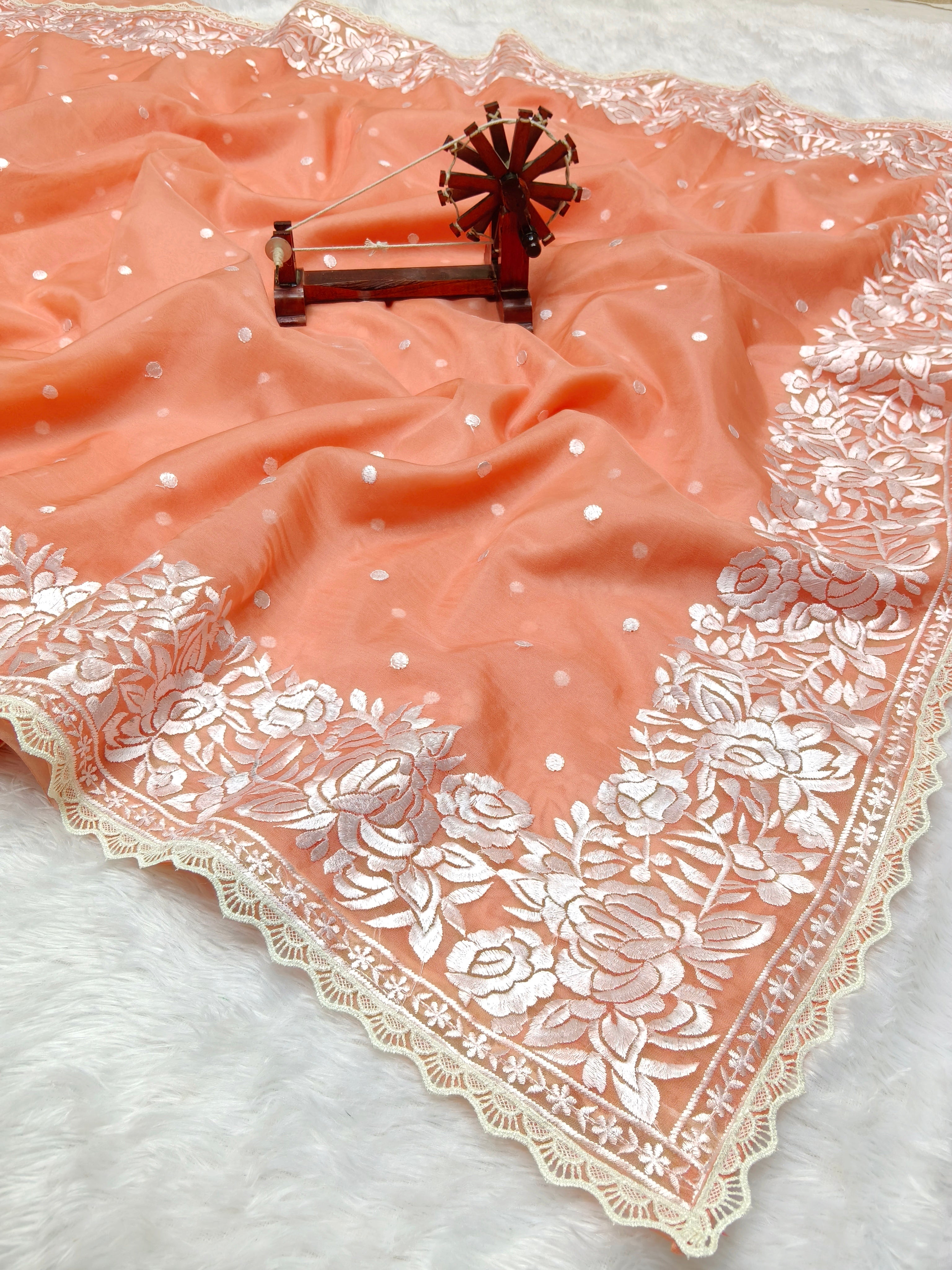 Banarasi Kora Organza With Delicated Chikankari Floral Work & Lace Border