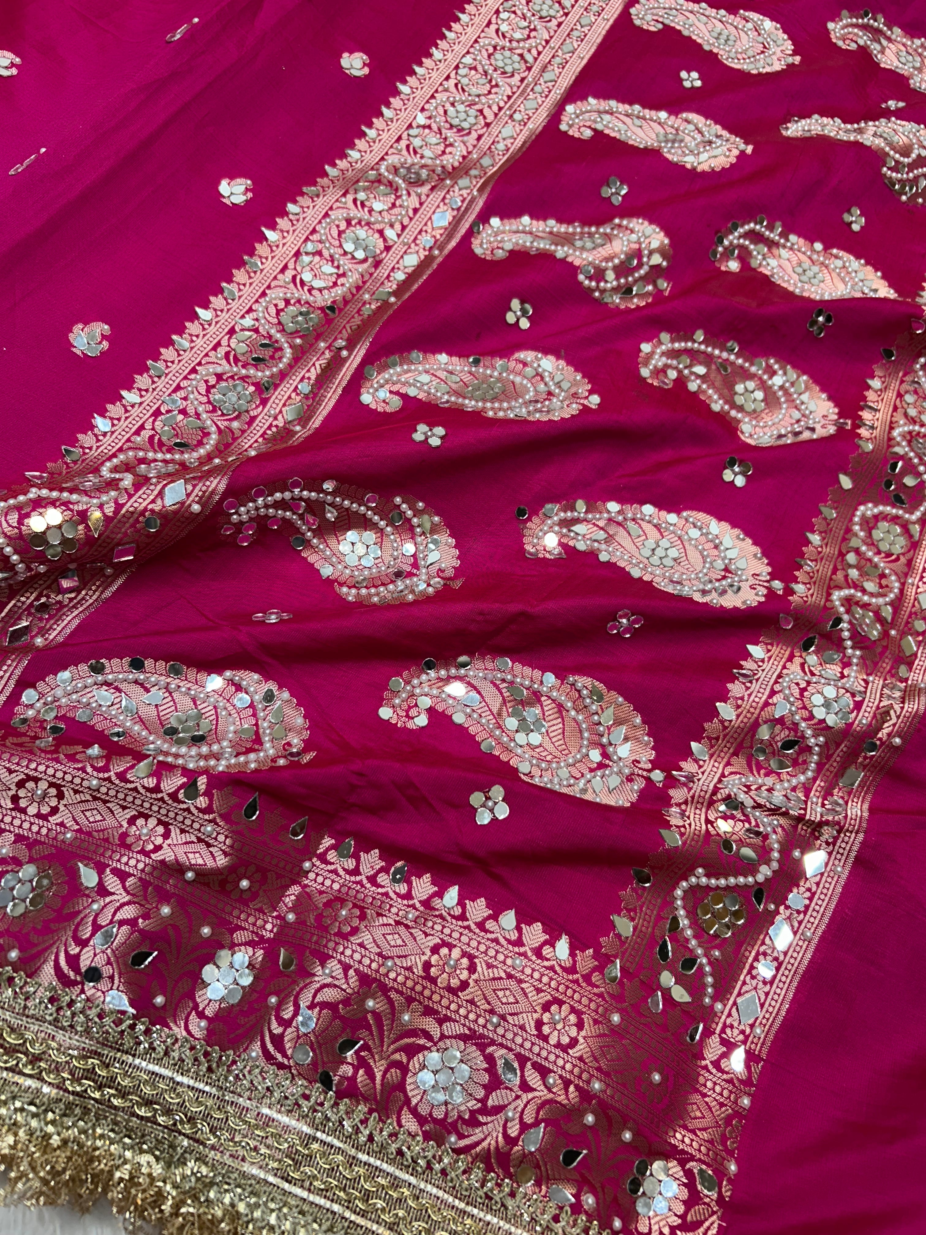 Banarasi Katan Traditional Handmade Mirror Work Rani Pink Saree