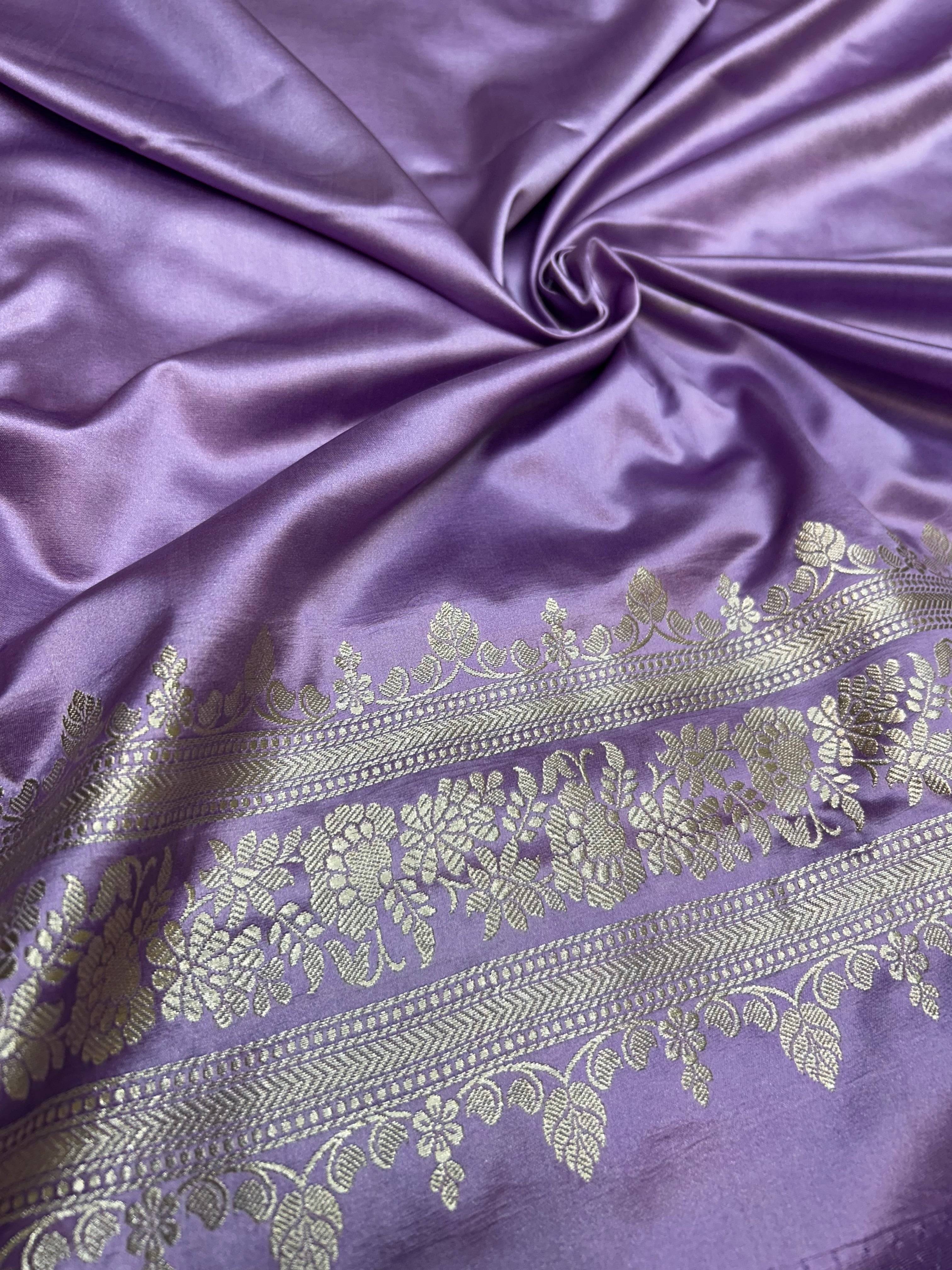Banarasi Handloom Katan Mashru Traditional Buti Weaving Lavender & Purple Contrast Sraee