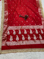 Banarasi Katan Traditional Handmade Mirror & Lace Work Red saree