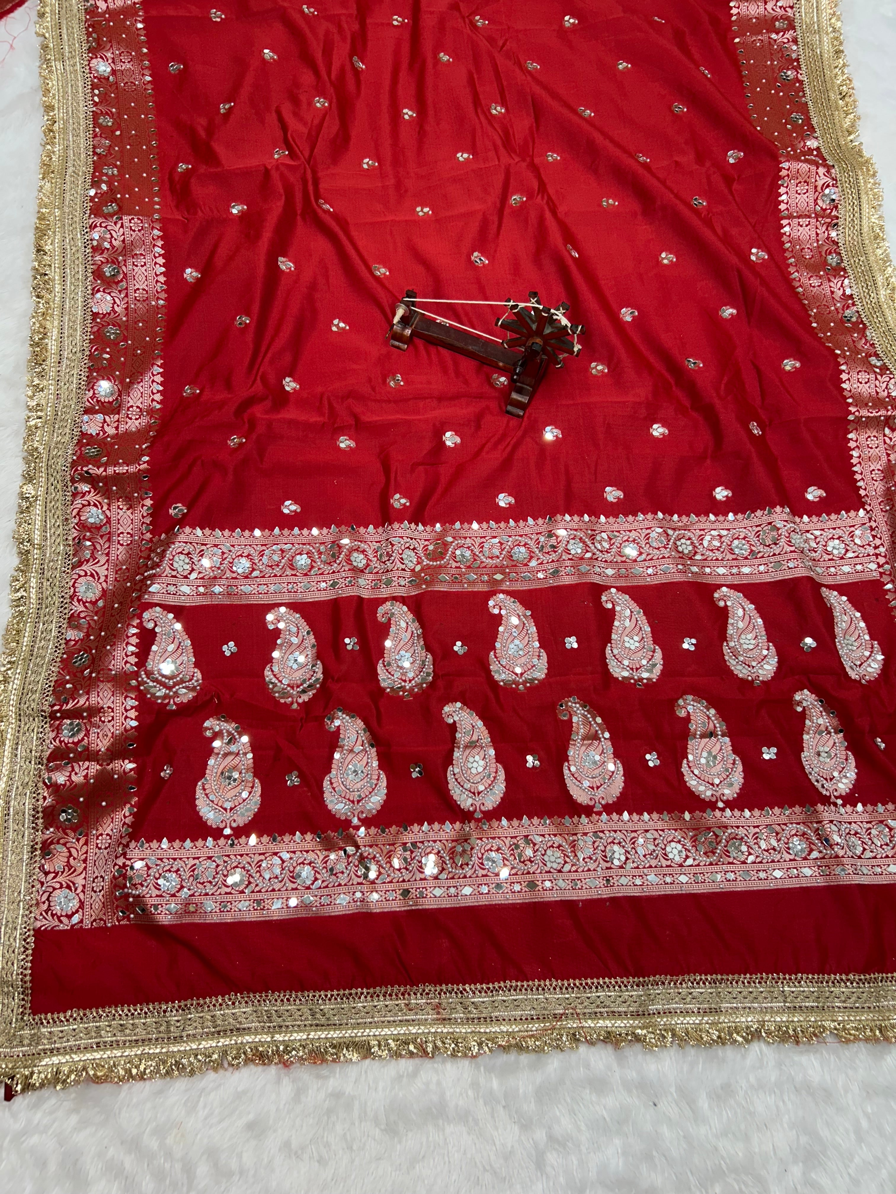 Banarasi Katan Traditional Handmade Mirror & Lace Work Red saree