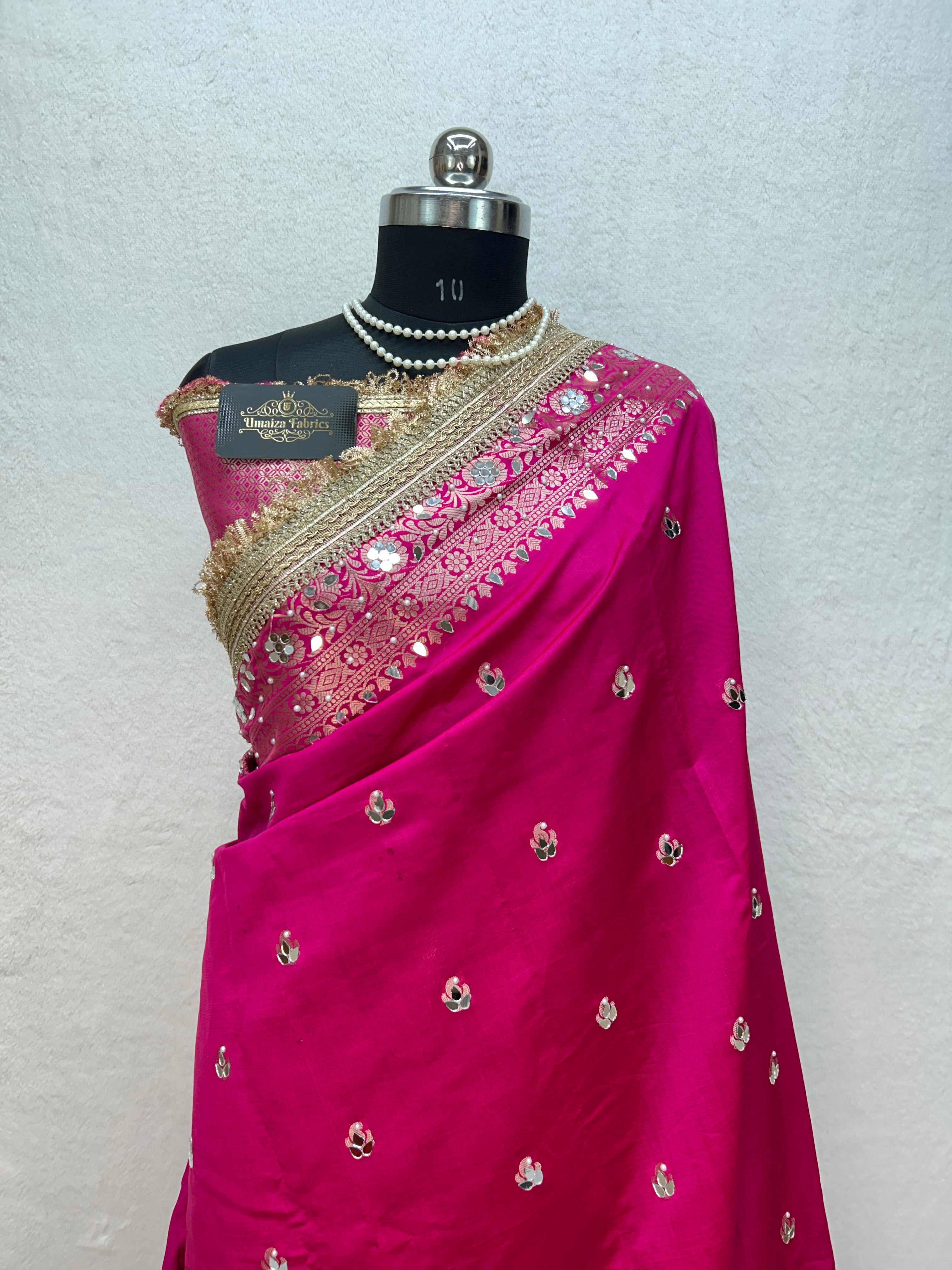 Banarasi Katan Traditional Handmade Mirror Work Rani Pink Saree