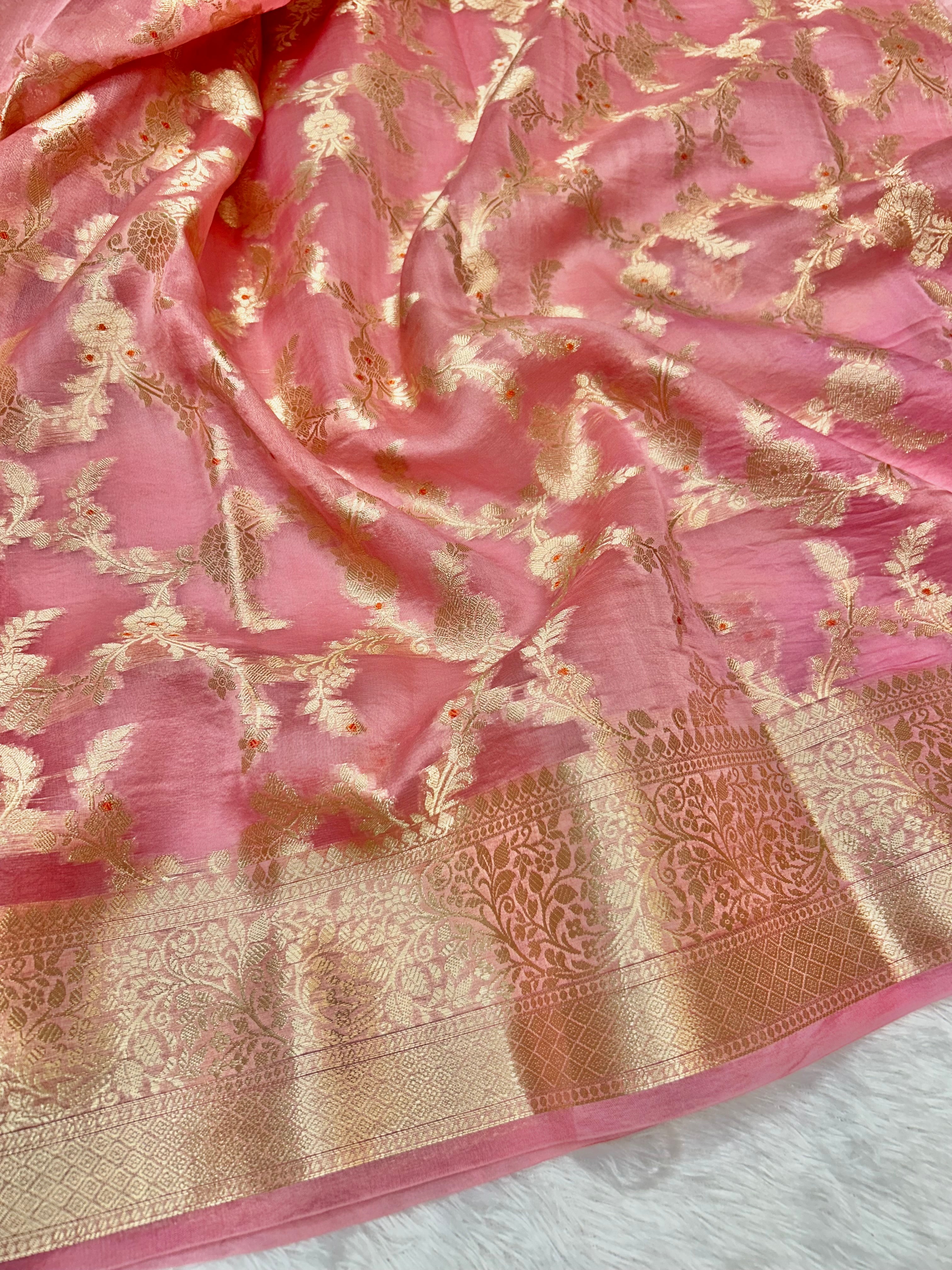 Banarasi Pure Kora Organza Silk Saree In Beautiful Pastel pink Shade