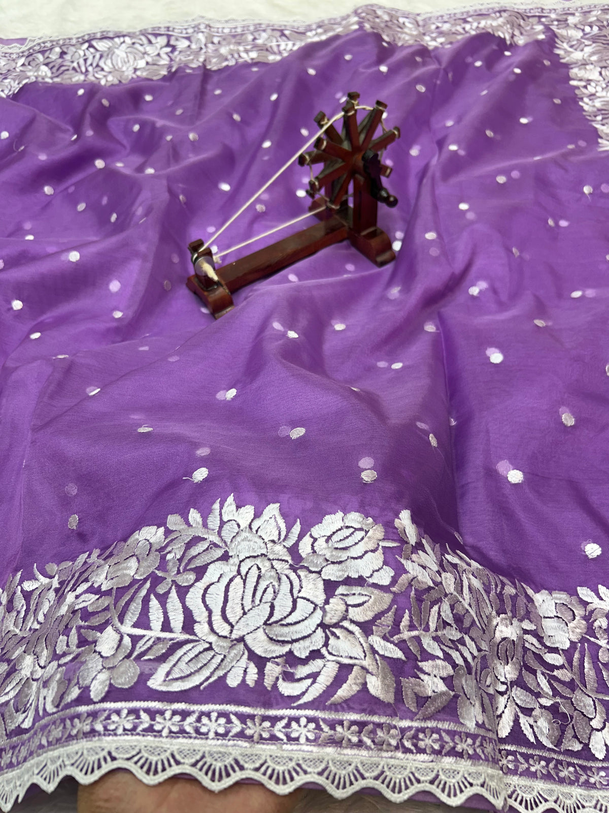 Banarasi Kora Organza With Delicated Chikankari Floral Work & Lace Border