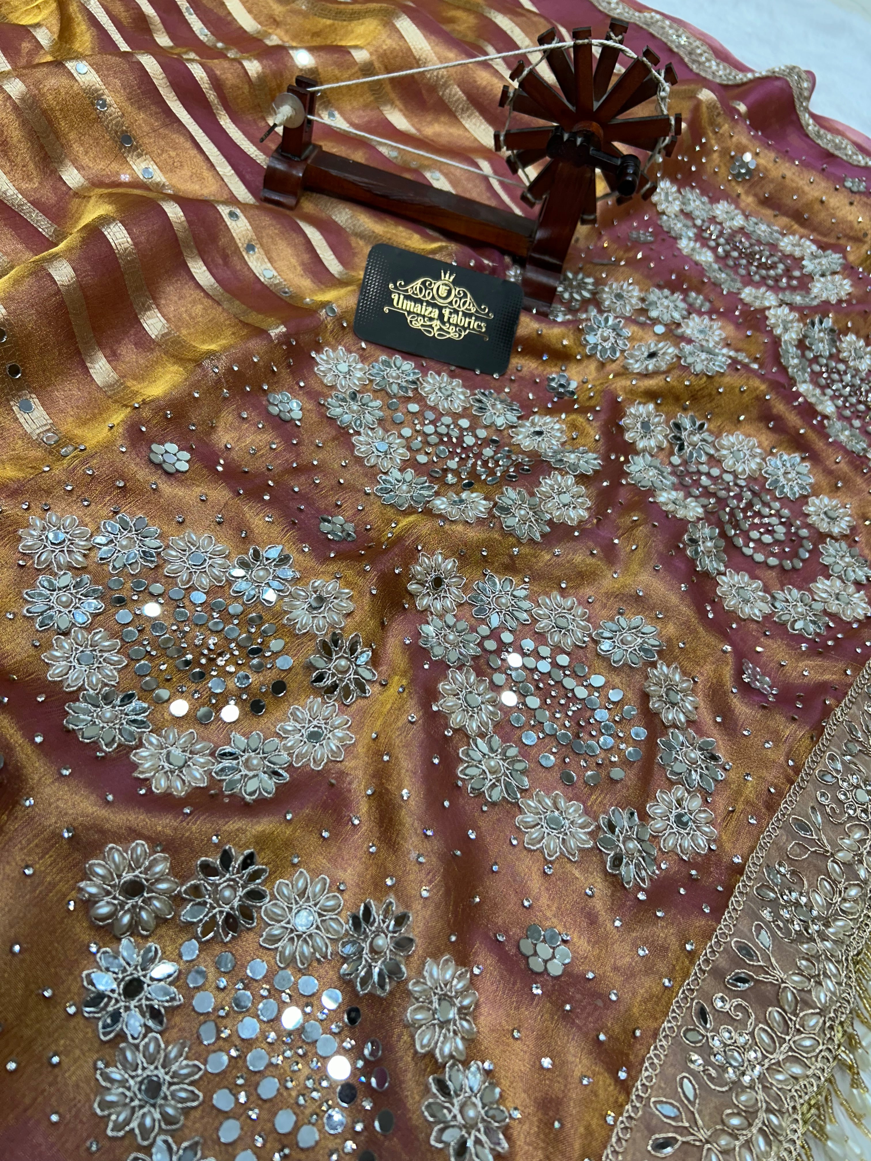 Pure Banarasi Tissue Silk Saree In Dual Tone With Heavy Mirror & Diamond Handwork