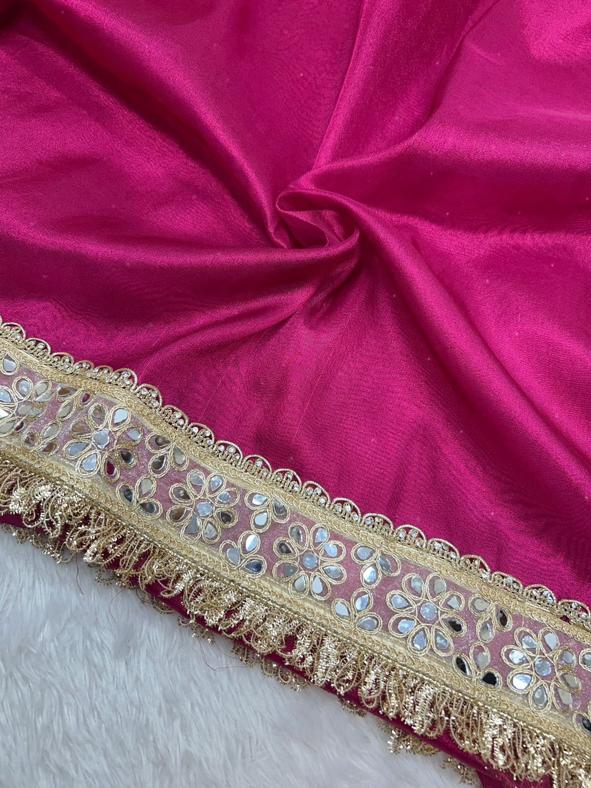 Banarasi Soft Rani Tissue Saree With Moti Work & Designer Mirror lace Border
