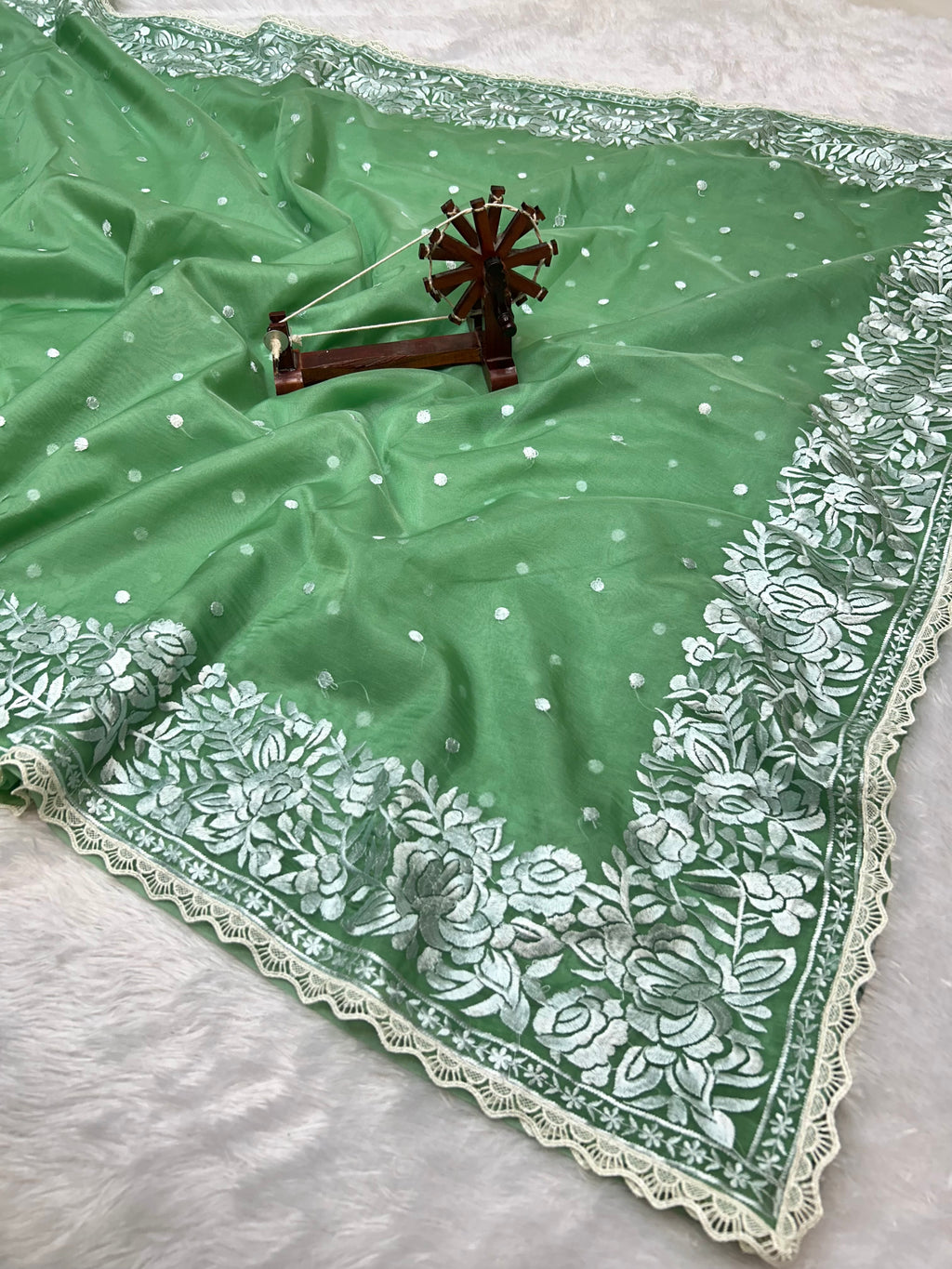 Banarasi Kora Organza With Delicated Chikankari Floral Work & Lace Border