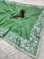 Banarasi Kora Organza With Delicated Chikankari Floral Work & Lace Border