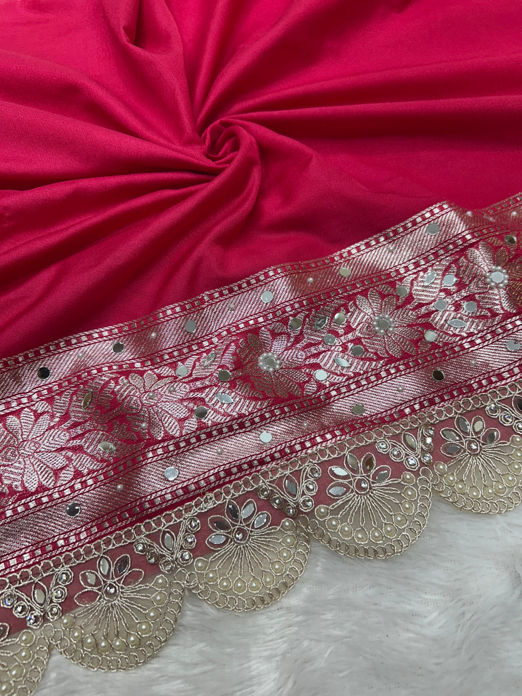 Banarasi Handloom Georgette Silk Saree with Designer Mirror work & Scallop Lace Border