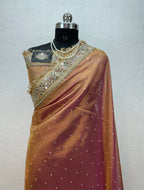 Banarasi Soft Baby Pink Tissue Saree With Moti Work & Designer Mirror lace Border
