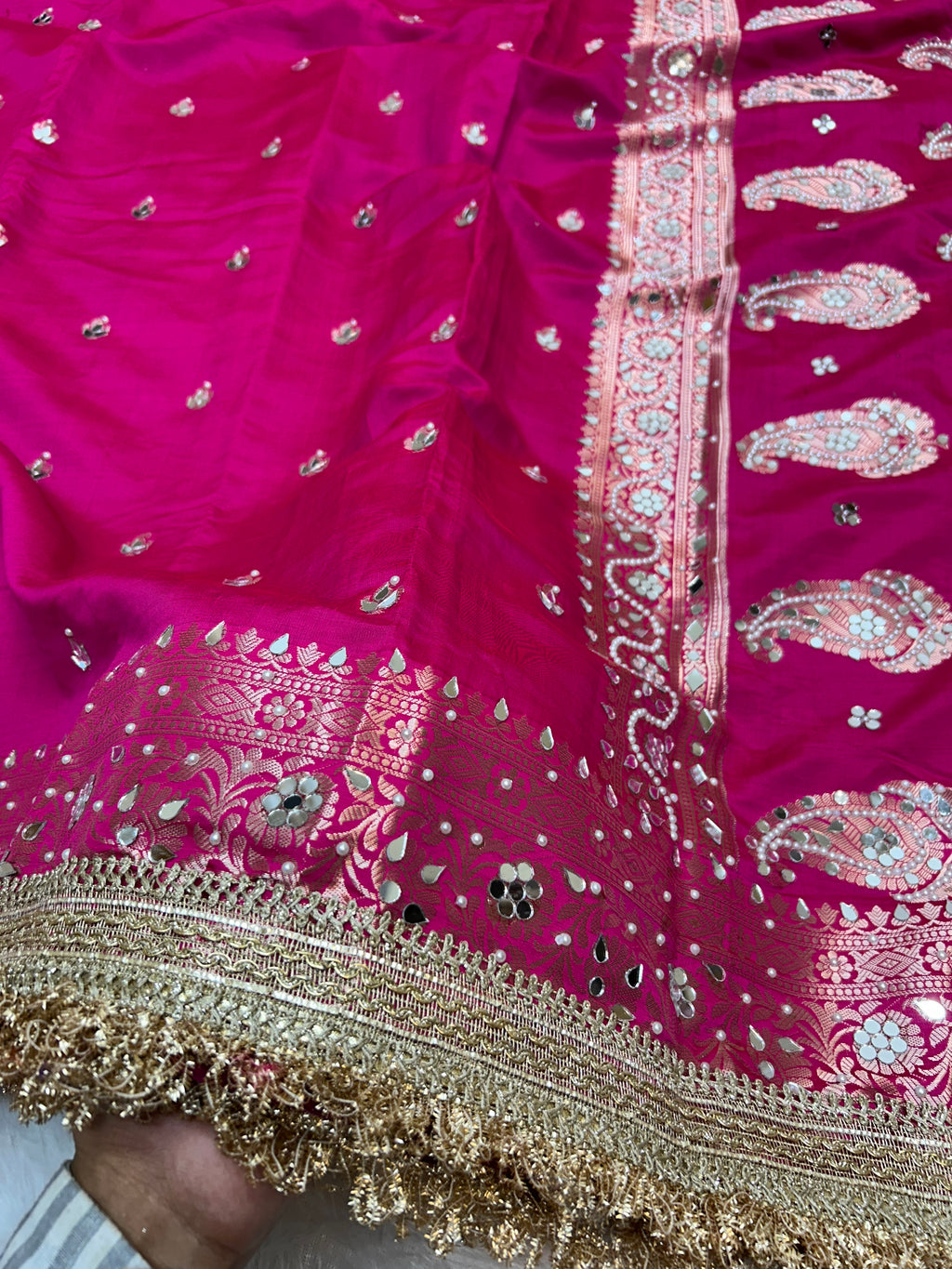 Banarasi Katan Traditional Handmade Mirror Work Rani Pink Saree