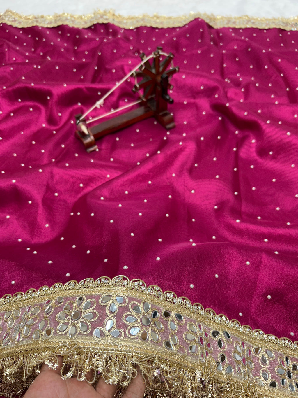 Banarasi Soft Rani Tissue Saree With Moti Work & Designer Mirror lace Border