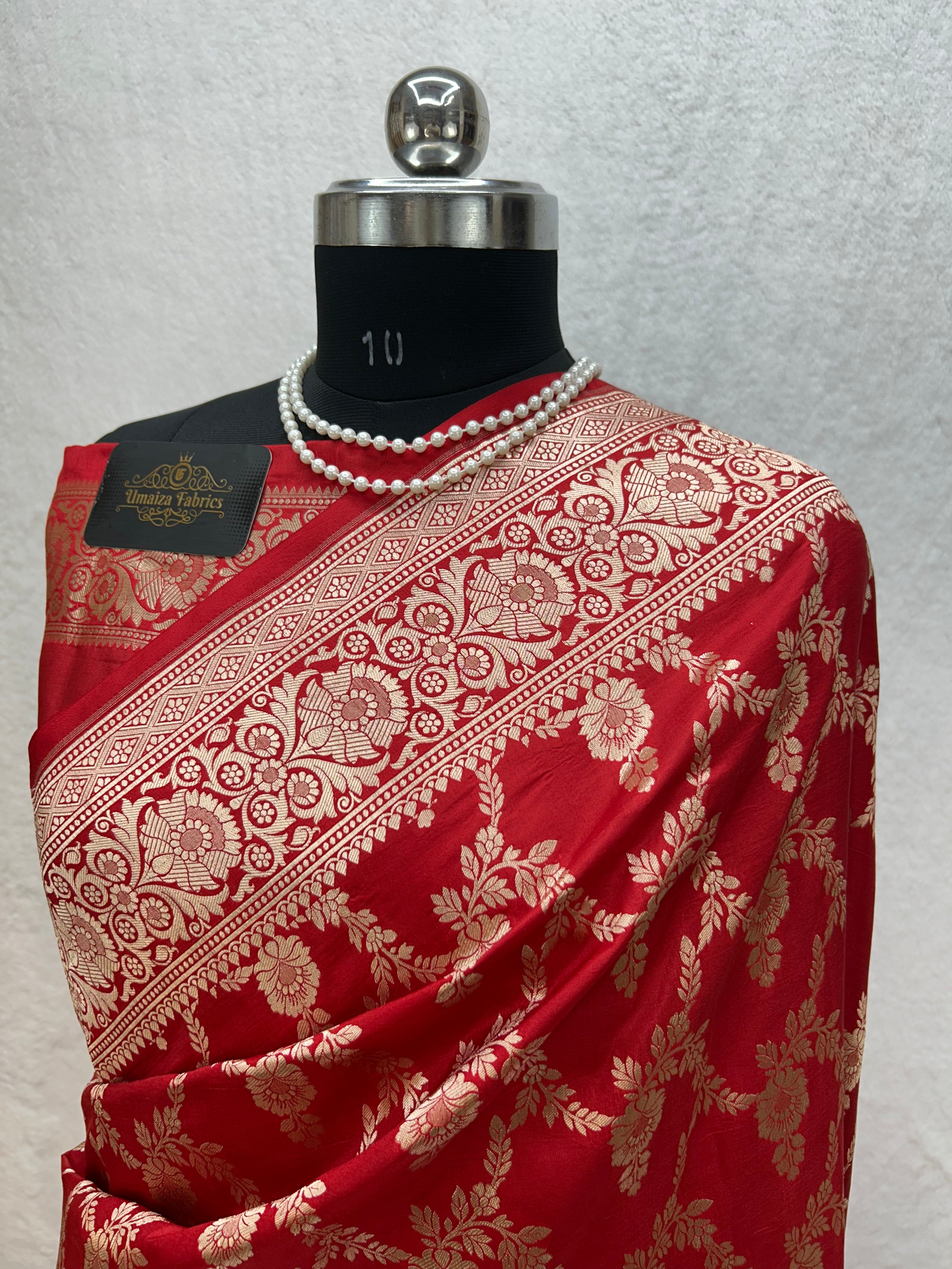 100% Pure Handloom Banarasi Katan Silk saree - Classic Red For Weddind Collection