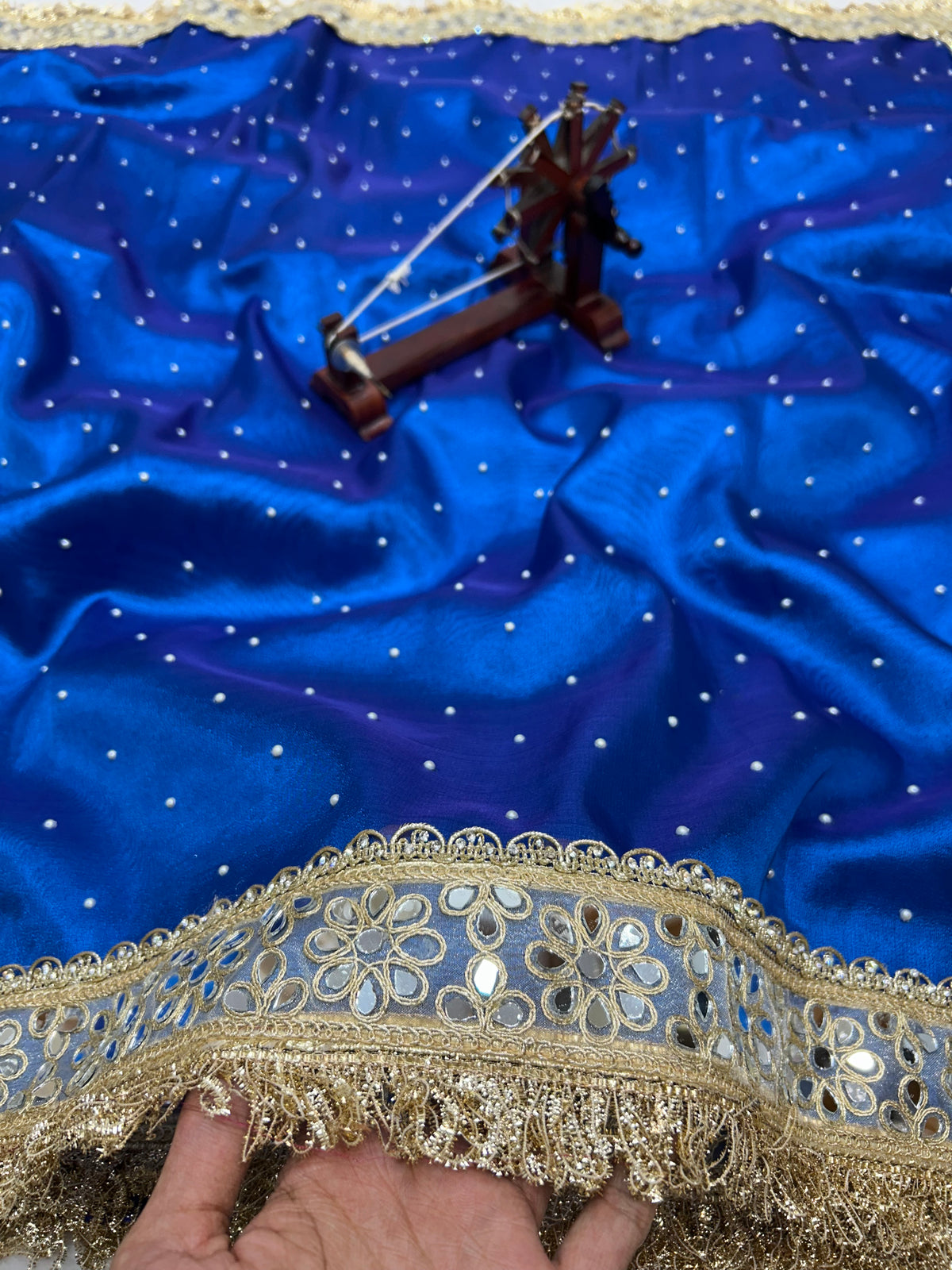 Banarasi Soft Royal Blue Tissue Saree With Moti Work & Designer Mirror lace Border