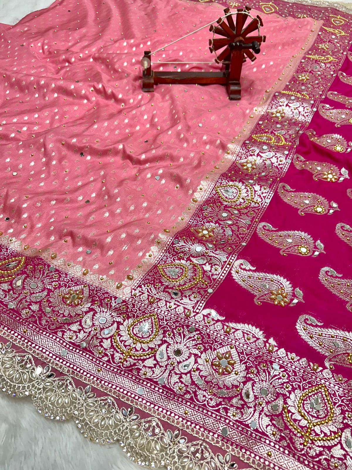 Banarasi Handloom Georgette Silk Saree with Designer Handwork & Scallop Lace Border