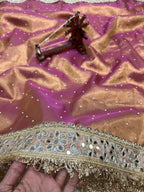 Banarasi Soft Baby Pink Tissue Saree With Moti Work & Designer Mirror lace Border
