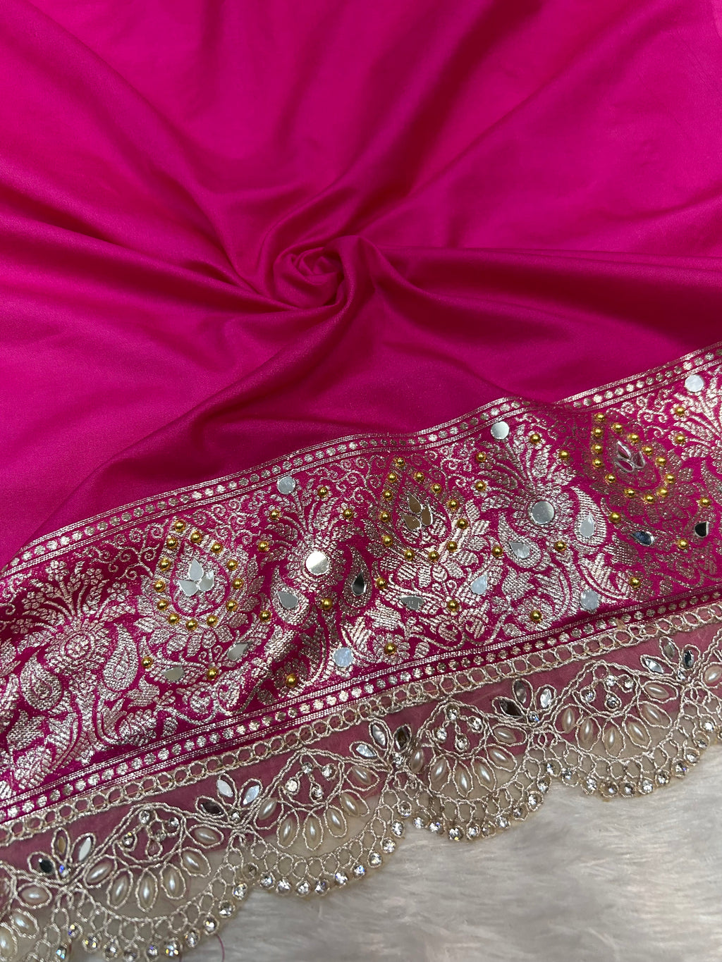 Banarasi Handloom Georgette Silk Saree with Designer Handwork & Scallop Lace Border