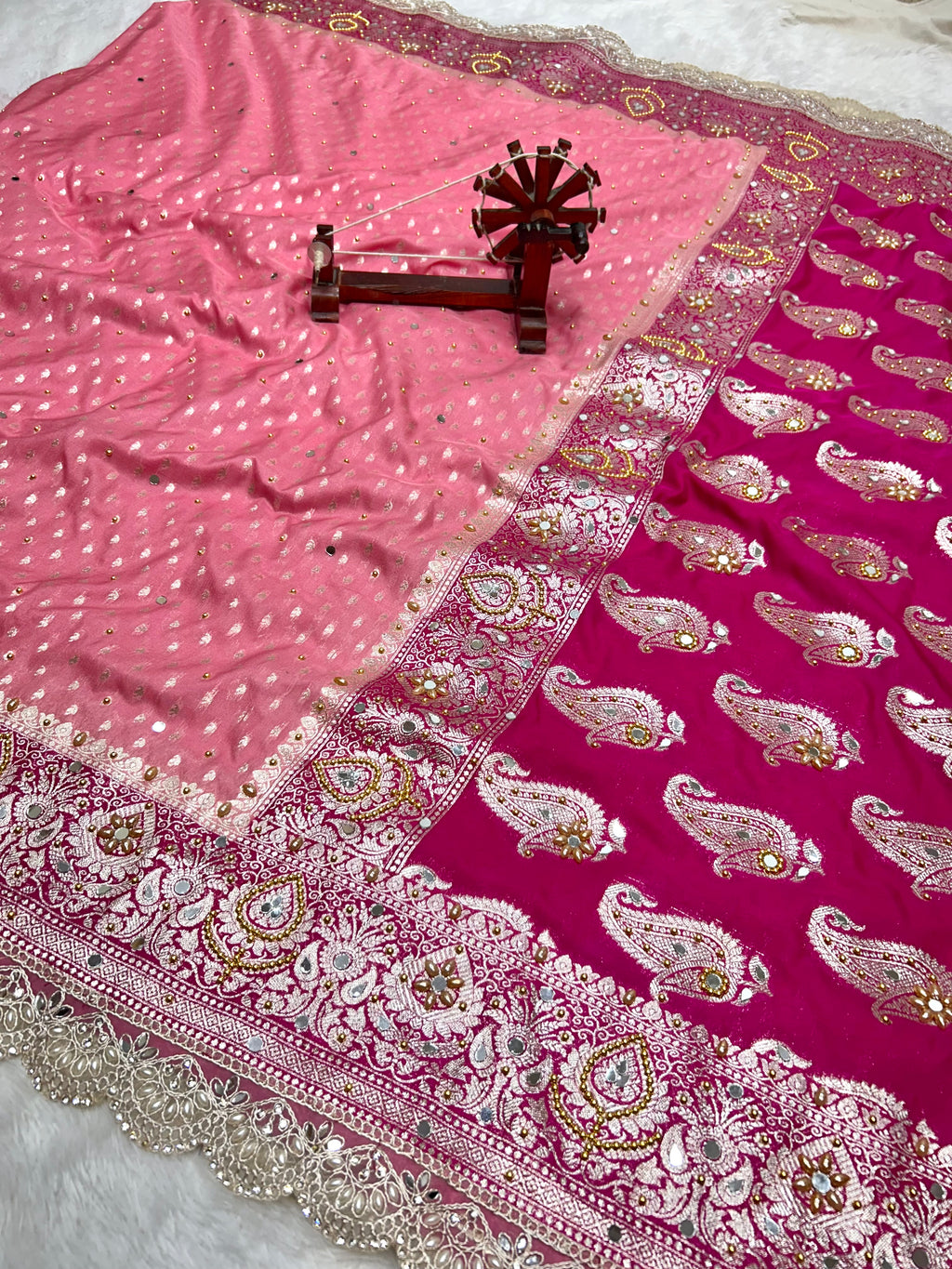 Banarasi Handloom Georgette Silk Saree with Designer Handwork & Scallop Lace Border
