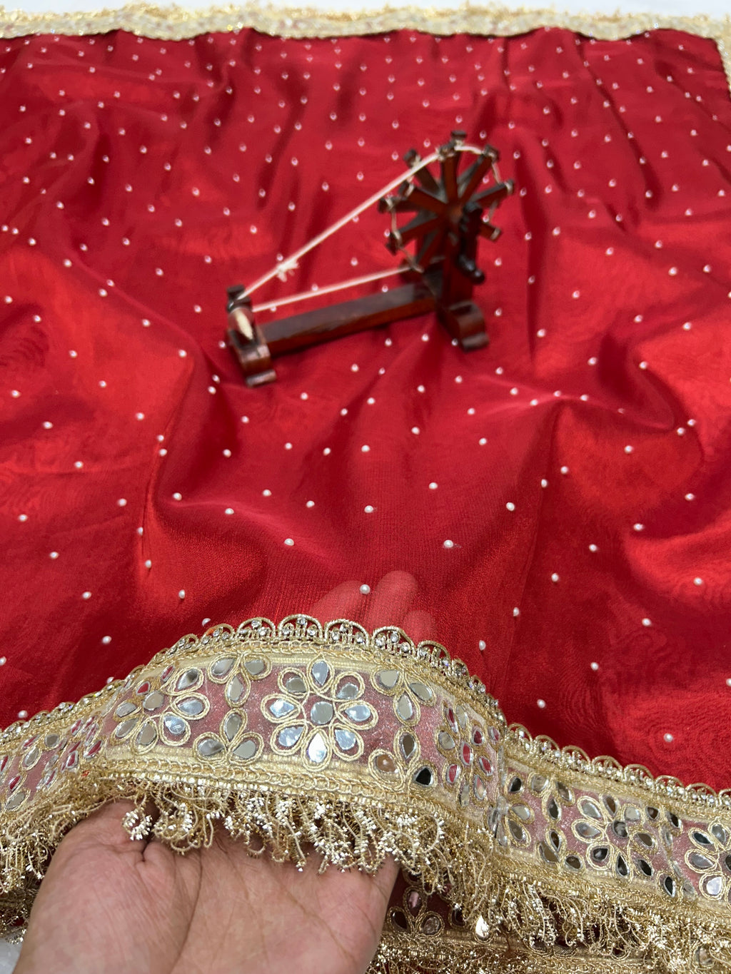 Banarasi Soft Red Tissue Saree With Moti Work & Designer Mirror lace Border