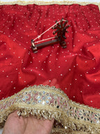 Banarasi Soft Red Tissue Saree With Moti Work & Designer Mirror lace Border