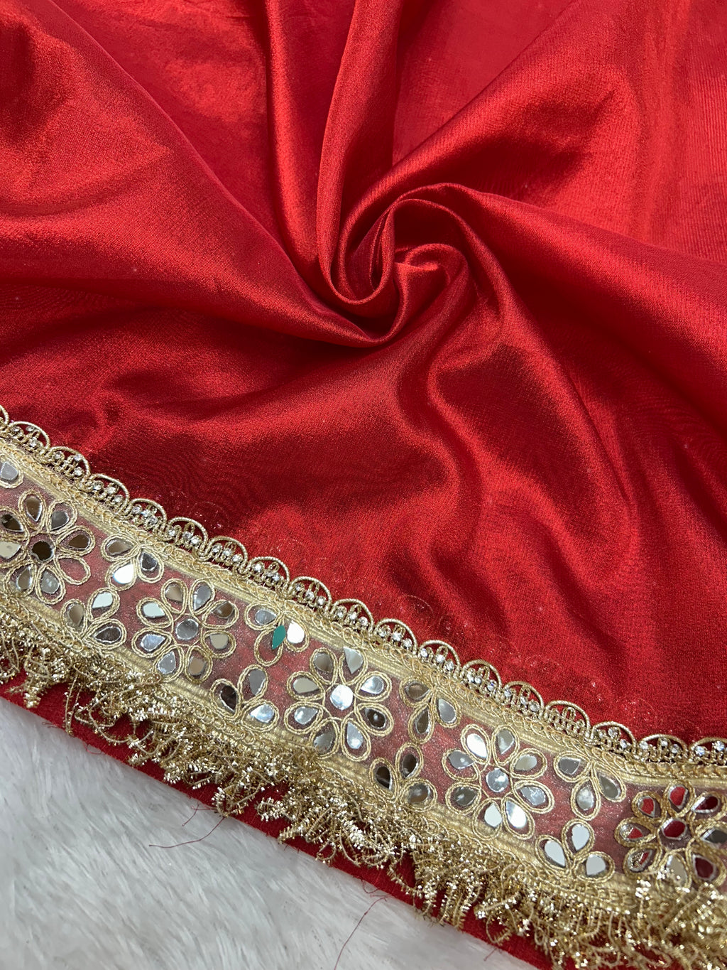 Banarasi Soft Red Tissue Saree With Moti Work & Designer Mirror lace Border
