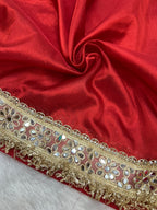 Banarasi Soft Red Tissue Saree With Moti Work & Designer Mirror lace Border