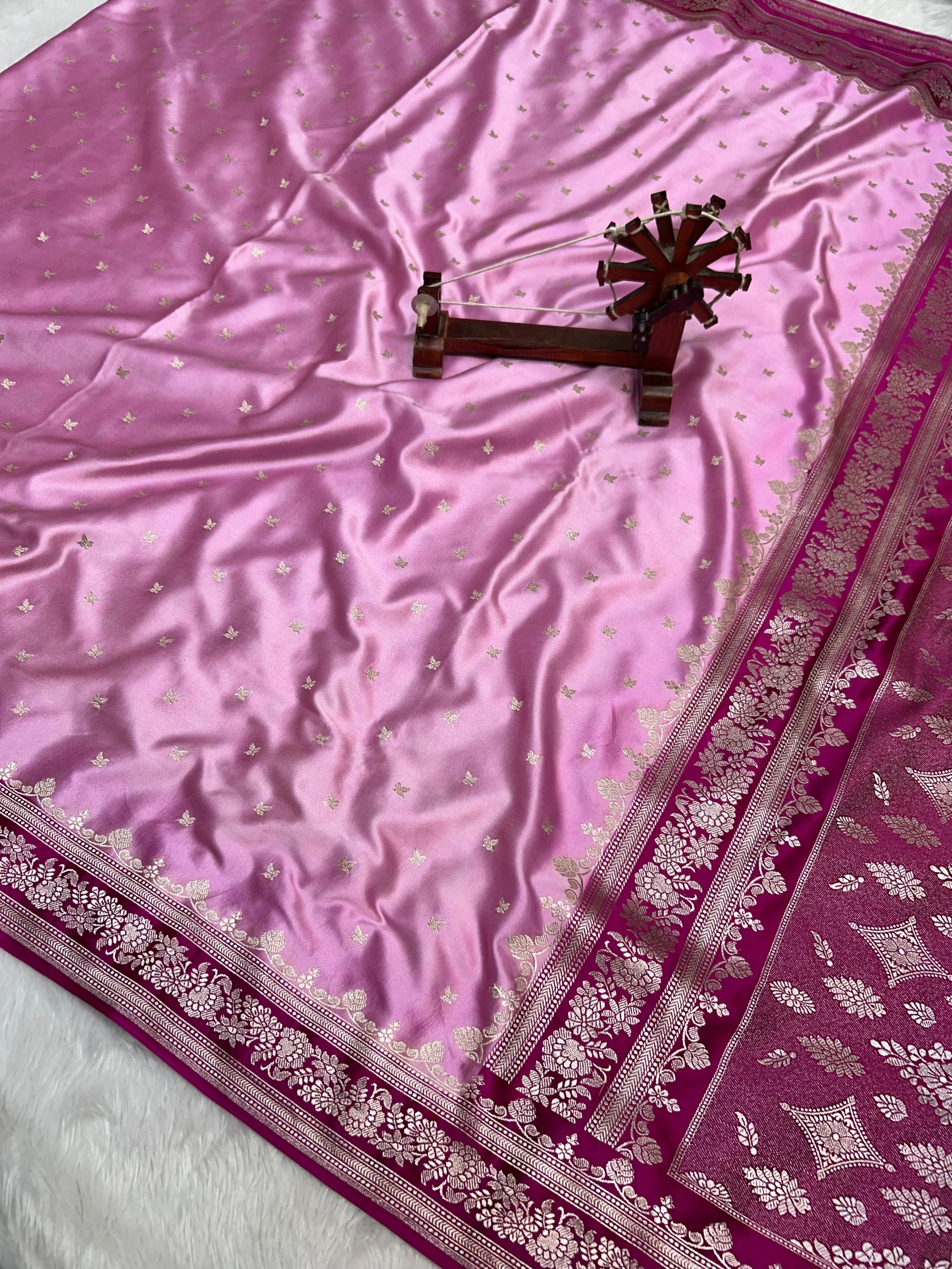 Banarasi Handloom Katan Mashru Traditional Buti Weaving Pink & Hot Pink Contrast Saree
