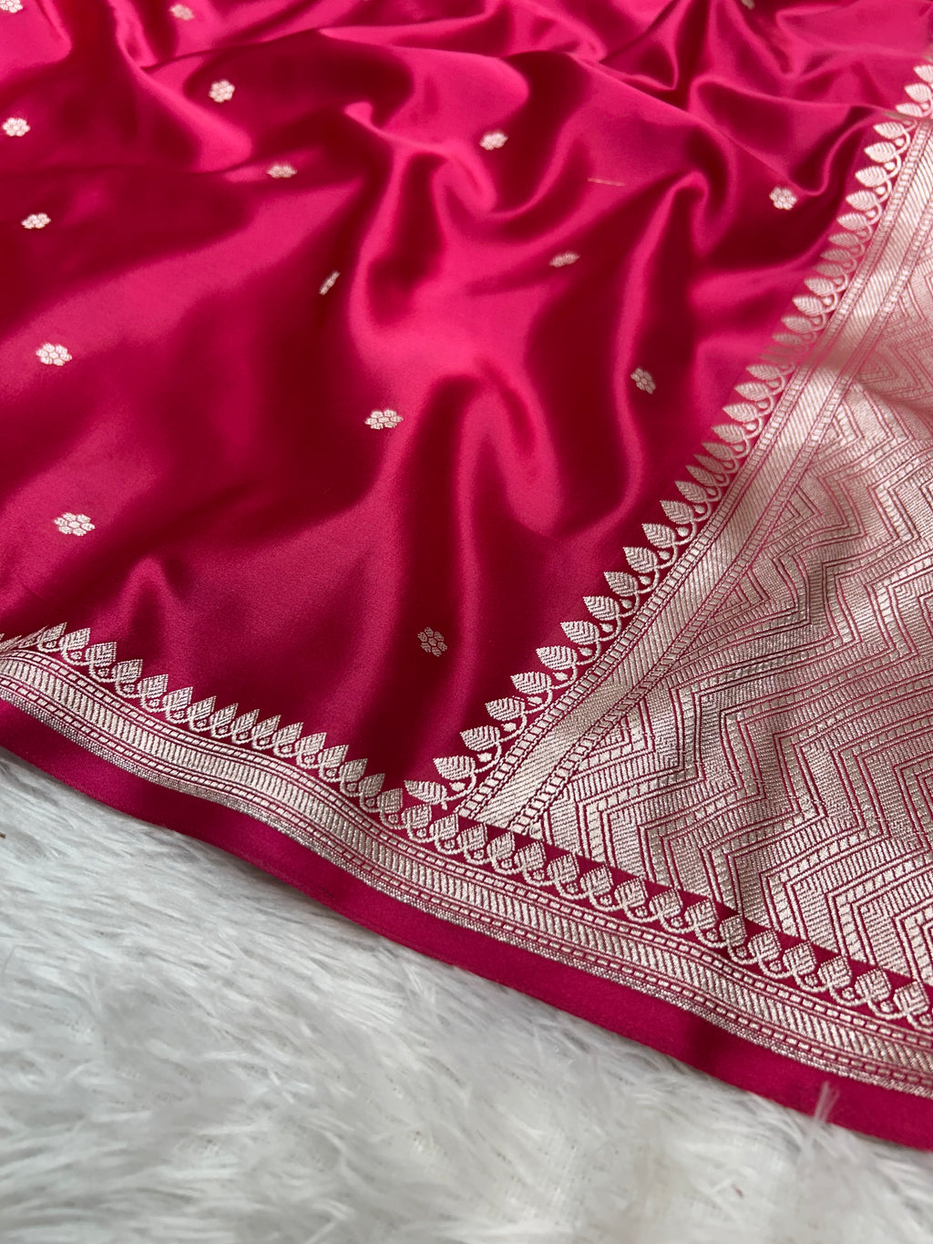 Exquisite Handloom Mashru Katan Saree – Delicate Buti Work with Slim Border & Striped Blouse