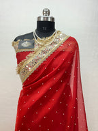 Banarasi Soft Red Tissue Saree With Moti Work & Designer Mirror lace Border
