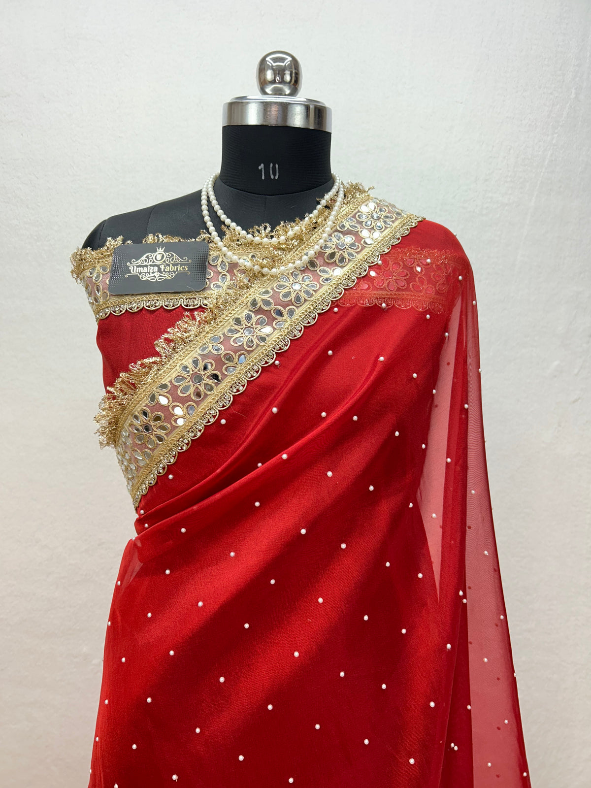 Banarasi Soft Red Tissue Saree With Moti Work & Designer Mirror lace Border