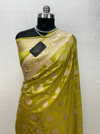 Banarasi Handloom Katan Mashru Traditional Jaal Weaving Mehadi Green Saree