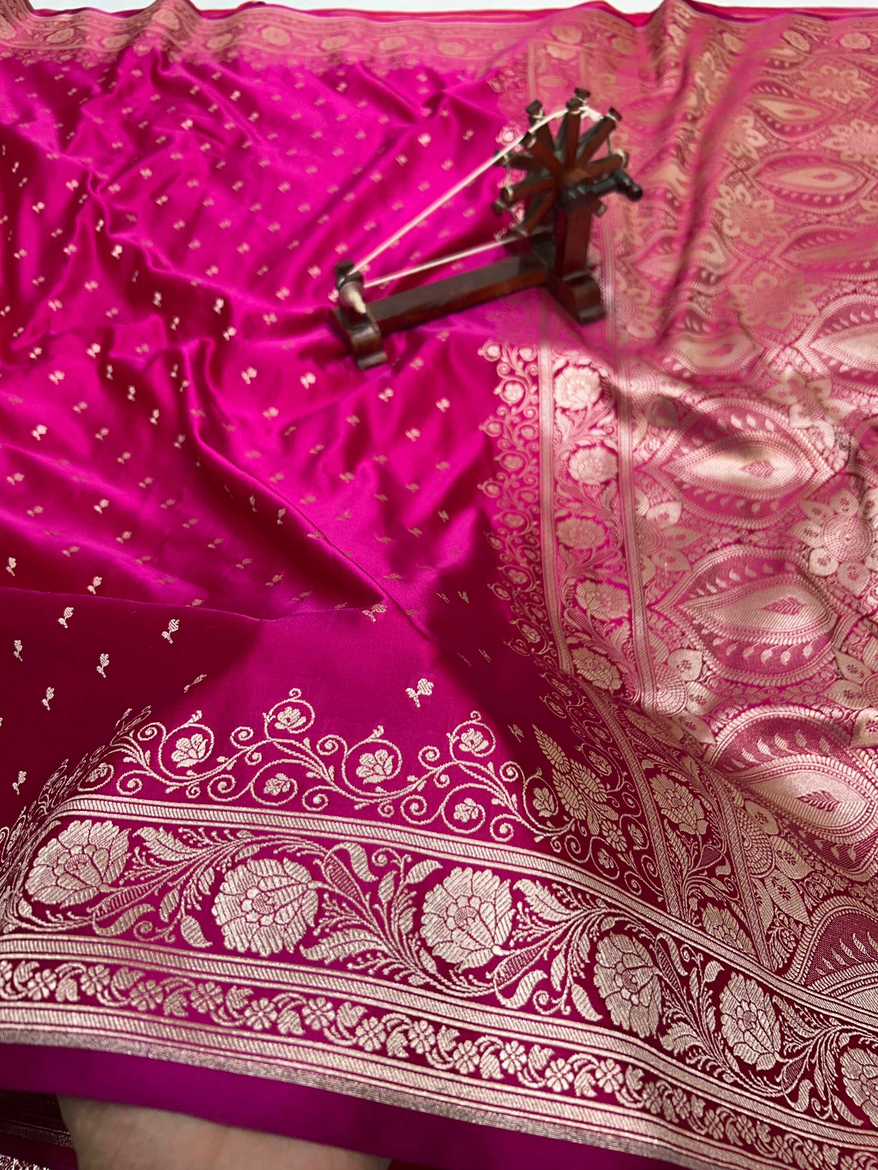Banarasi Handloom Katan Mashru Silk Saree Rani Pink