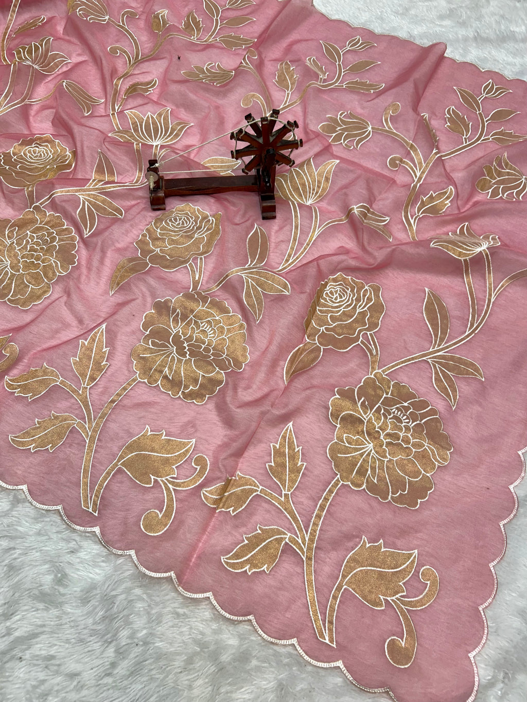 Designer Kora Organza With Elegant Applique Work & Scallop Border