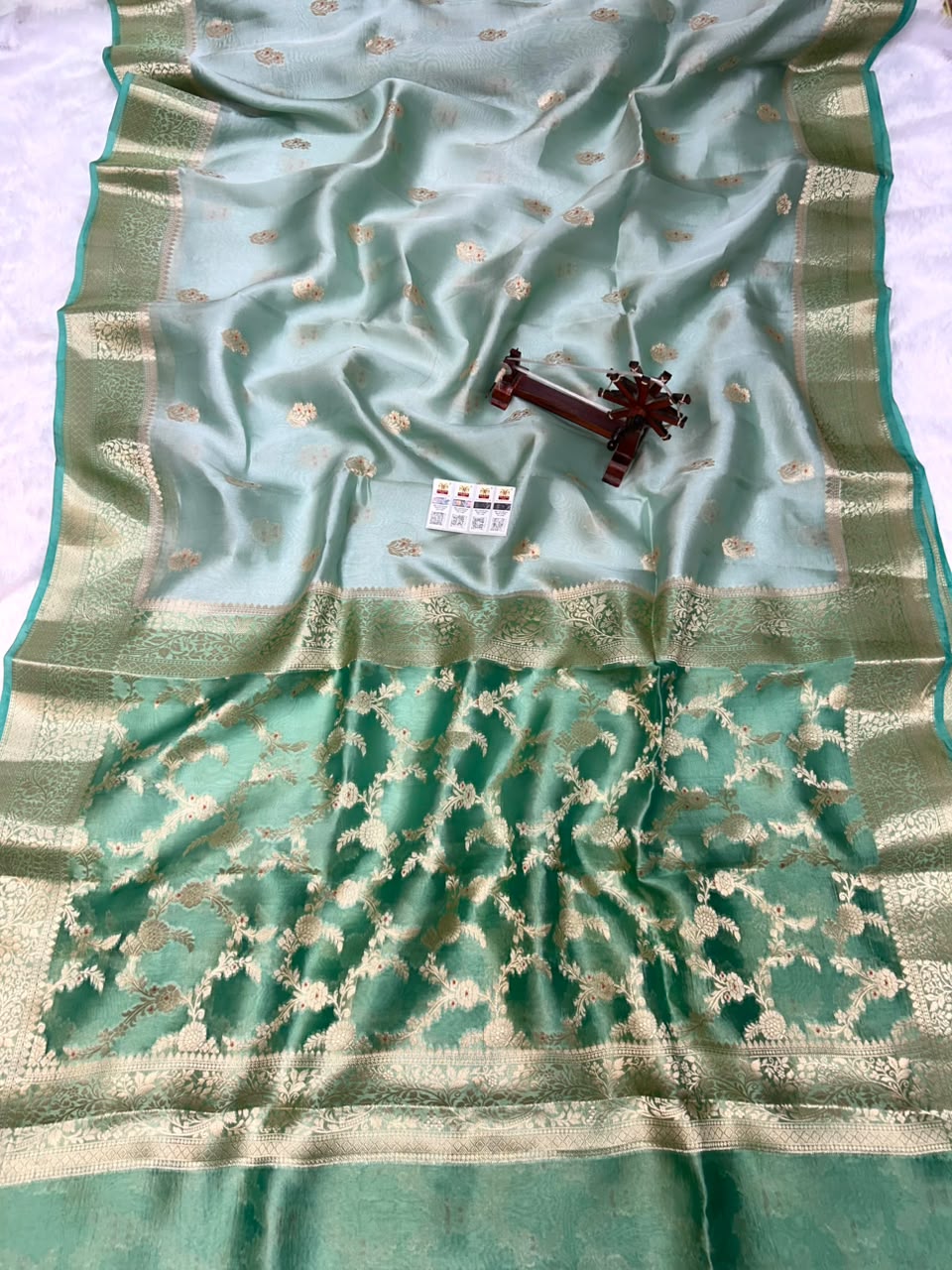 Pure Green Mango Silk Saree All Over Beautiful Minakari Gala Buti