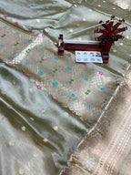 Pure Green Mango Silk Saree Flower Minakari Border